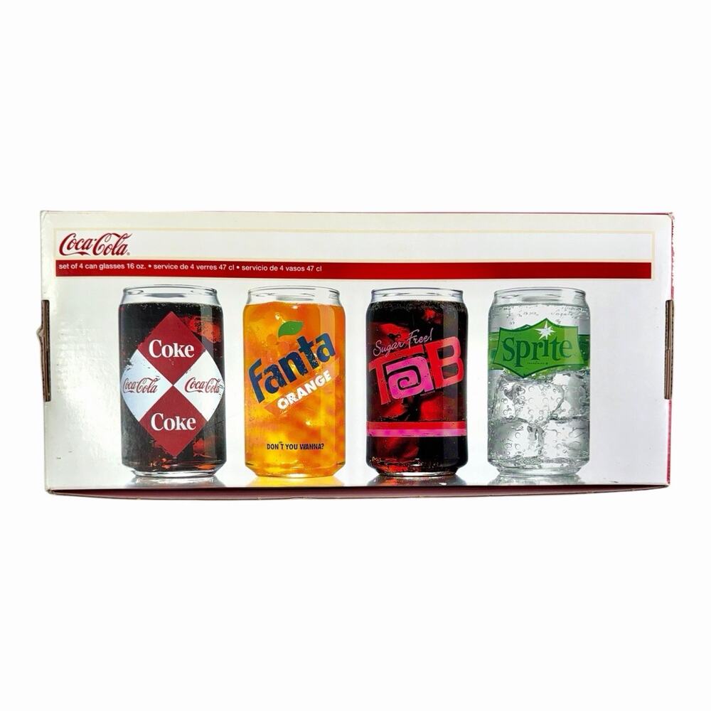 New In Box Luminaric Coca-Cola Set Of 4 Can Glasses Coke Fanta Sprite Tab 16oz